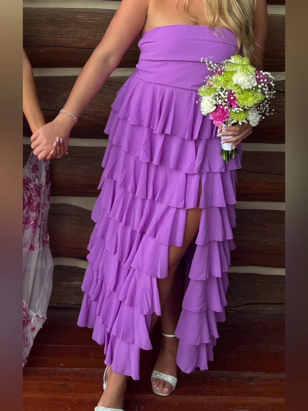 Beginning Boutique Lavender Strapless Ruffle High-Slit Maxi Dress